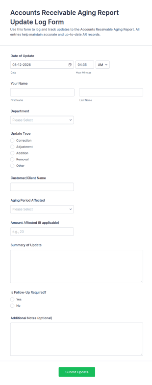Accounts Receivable Aging Report Update Log Form Template