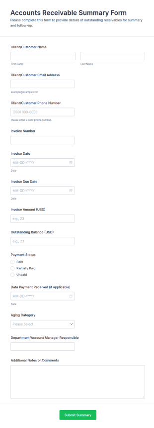 Accounts Receivable Summary Form Template