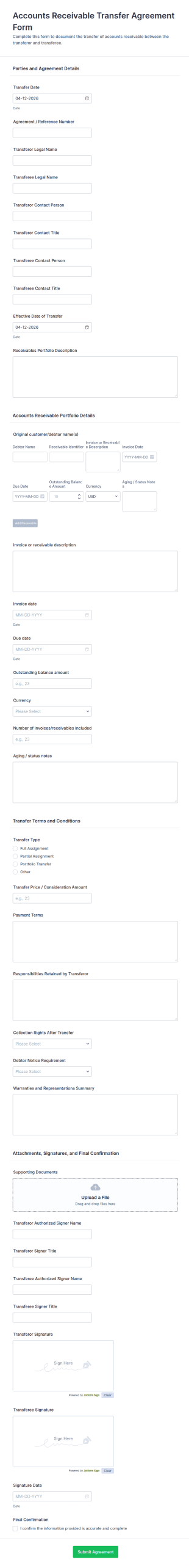 Accounts Receivable Transfer Agreement Form Template