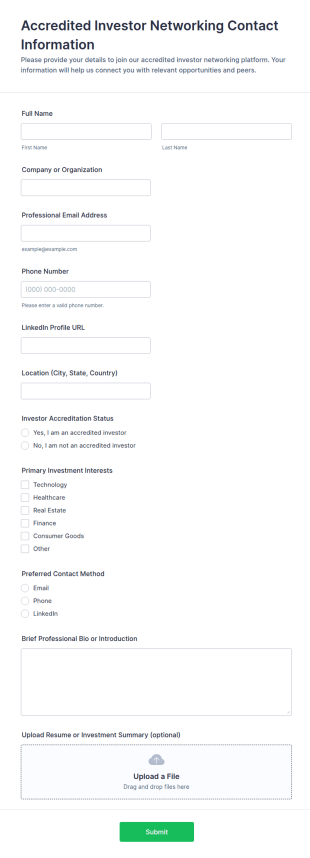 Accredited Investor Networking Contact Information Form Template