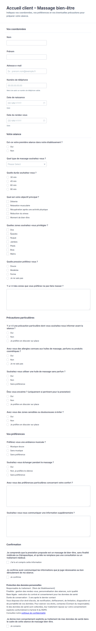 Accueil Client – Massage Bien être