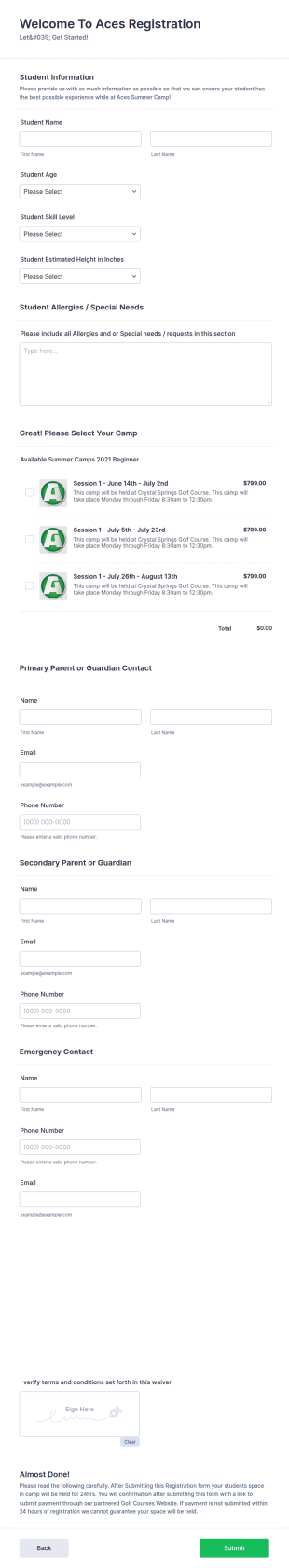Summer Camp Health Questionnaire Form Template