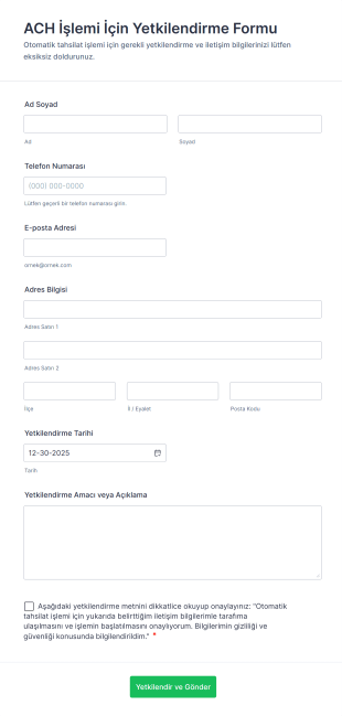 ACH İşlemi İçin Yetkilendirme Form Template
