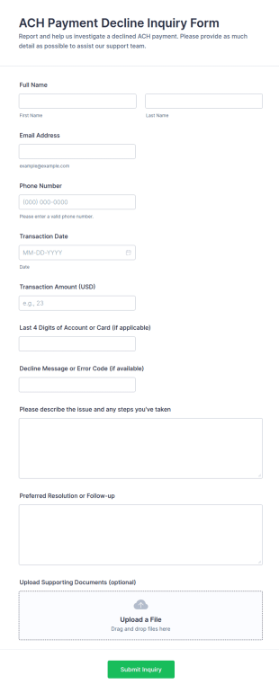 ACH Payment Decline Inquiry Form Template