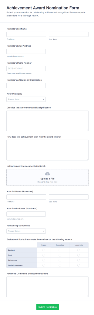 Achievement Award Nomination Form Template