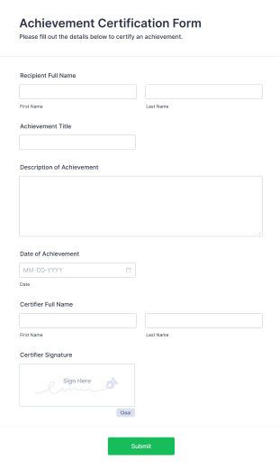 Achievement Certification Form Form Template