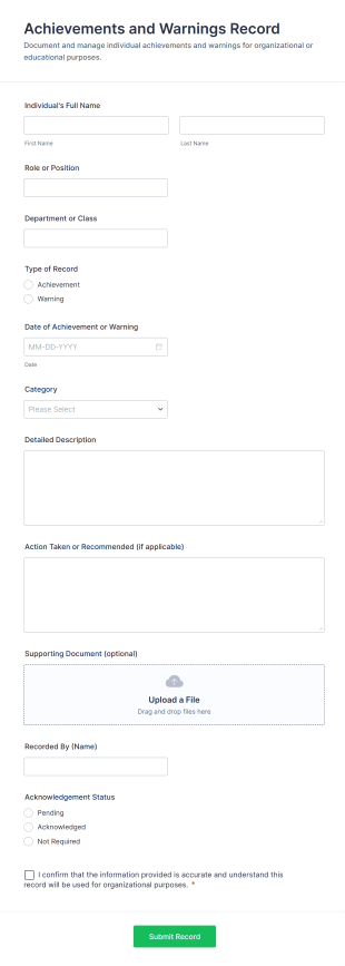 Achievements And Warnings Record Form Template