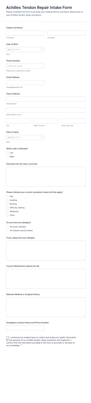 Achilles Tendon Repair Intake Form Template