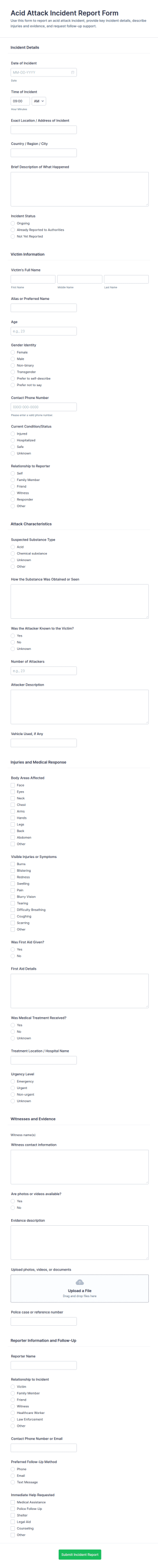 Acid Attack Incident Report Form Template