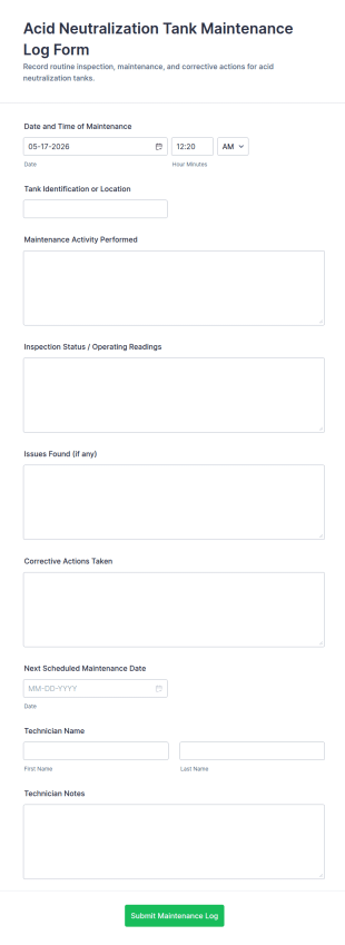 Acid Neutralization Tank Maintenance Log Form Template