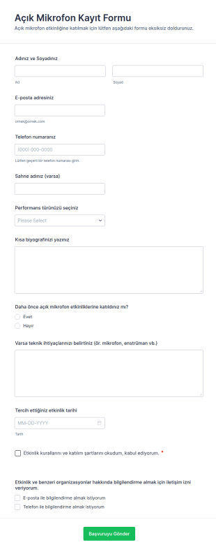 Açık Mikrofon Kayıt Form Şablonu