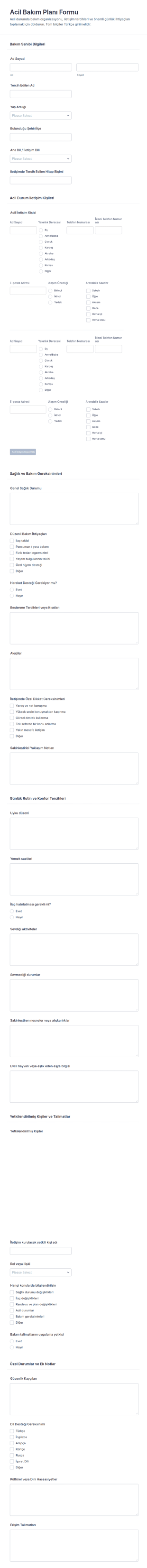 Acil Durum Bakım Planı Formu 🩺 Form Şablonu