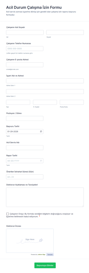 Acil Durum Çalışma İzin Form Şablonu