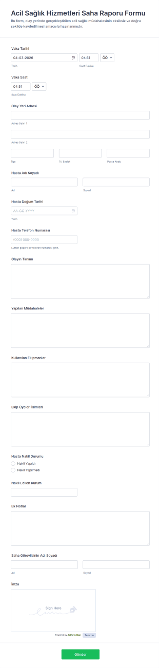 Acil Sağlık Hizmetleri Alan Raporu Formu 🚑 Form Şablonu