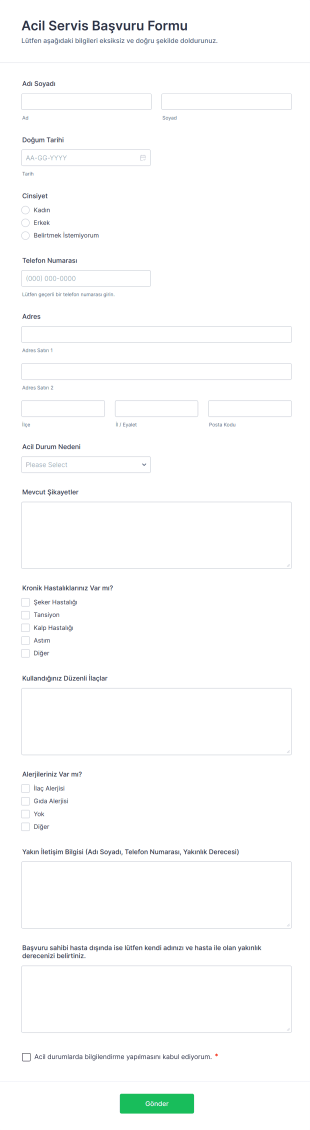 Acil Servis Başvuru Form Template
