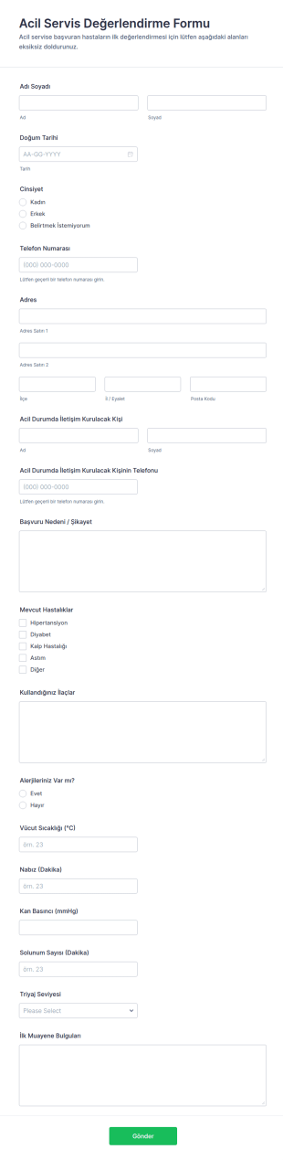 Acil Servis Değerlendirme Anketi 🎯🩺 Form Şablonu