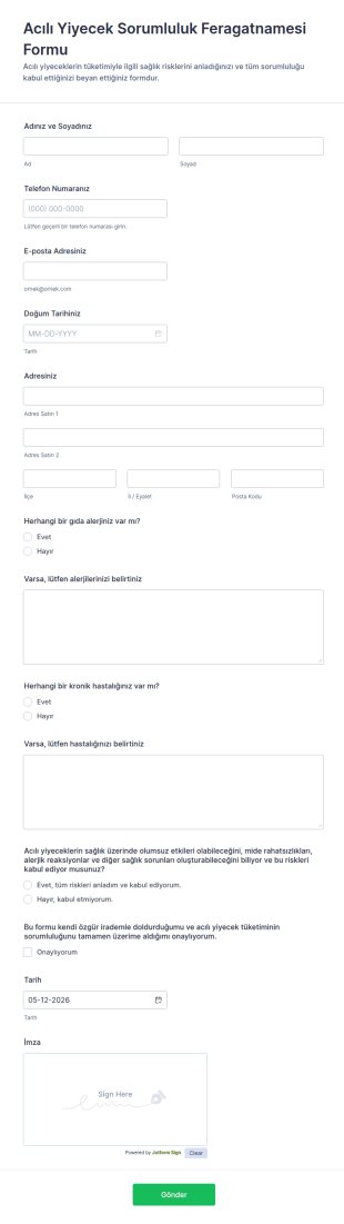 Acılı Yiyecek Sorumluluk Feragatnamesi Form Şablonu
