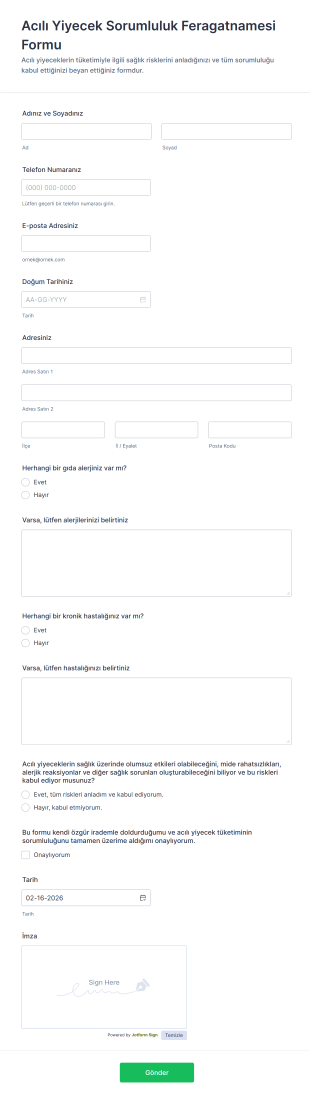 Acılı Yiyecek Sorumluluk Feragatnamesi Form Şablonu