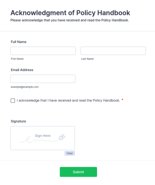 Acknowledgment Of Policy Handbook Form Template