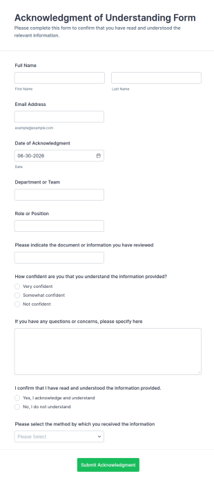 Acknowledgment Of Understanding Form Template