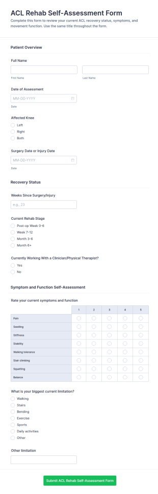 ACL Rehab Self Assessment Form Template