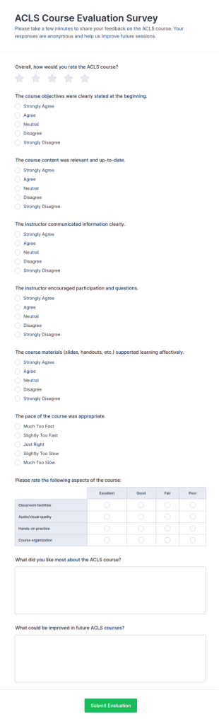 ACLS Course Evaluation Survey Form Template