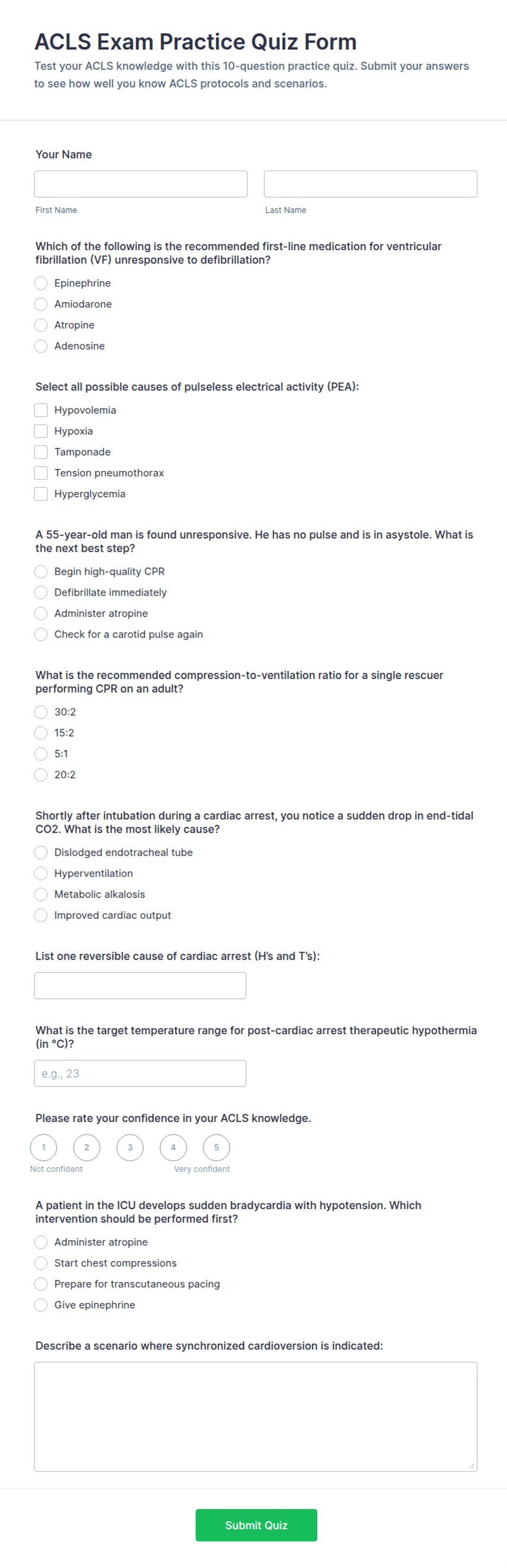ACLS Exam Practice Quiz Form Template | Jotform