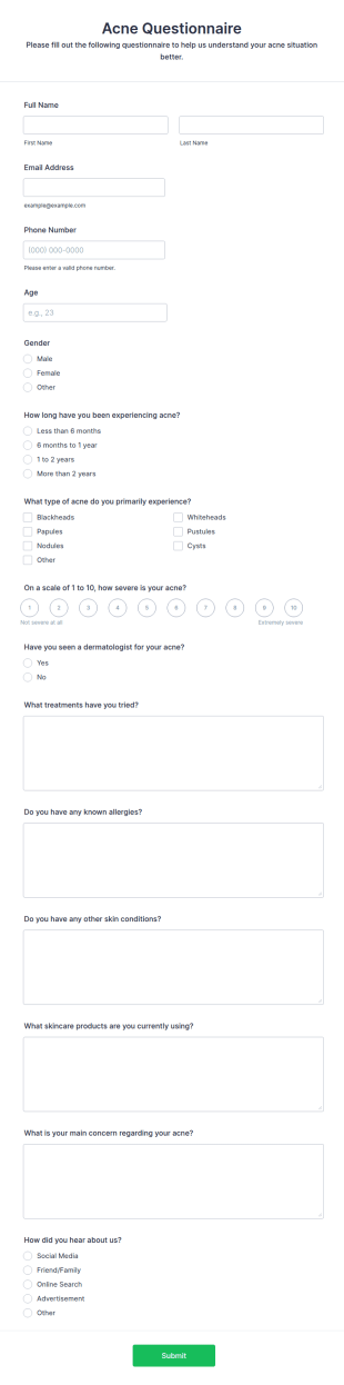 Acne Questionnaire Form Template