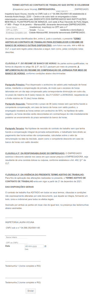 Acordo De Banco De Horas Form Template