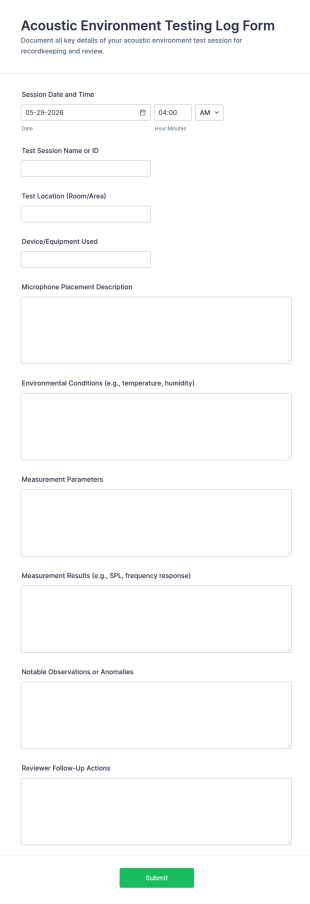 Acoustic Environment Testing Log Form Template