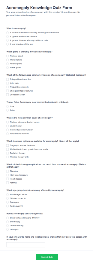 Acromegaly Knowledge Quiz Form Template