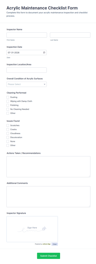 Acrylic Maintenance Checklist Form Template
