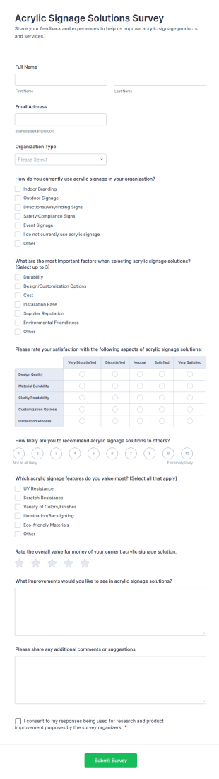 Acrylic Signage Solutions Survey Form Template