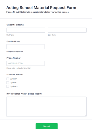 Acting School Material Request Form Template