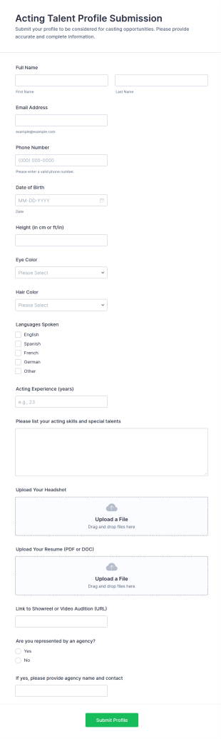 Acting Talent Profile Submission Form Template