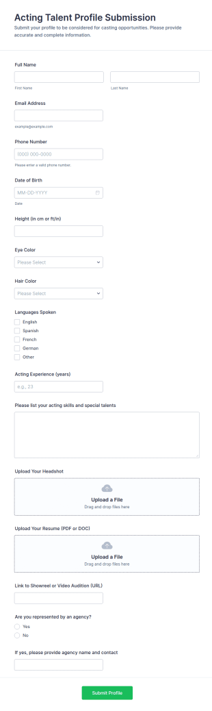 Acting Talent Profile Submission Form Template