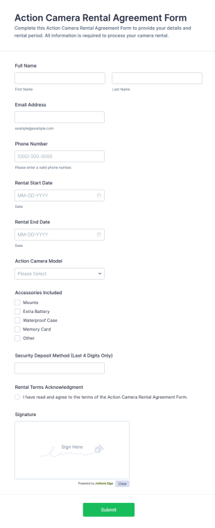 Action Camera Rental Agreement Form Template