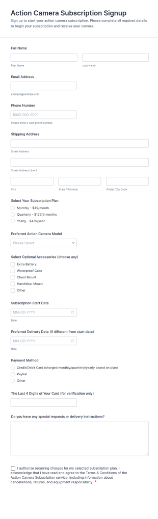 Action Camera Subscription Signup Form Template