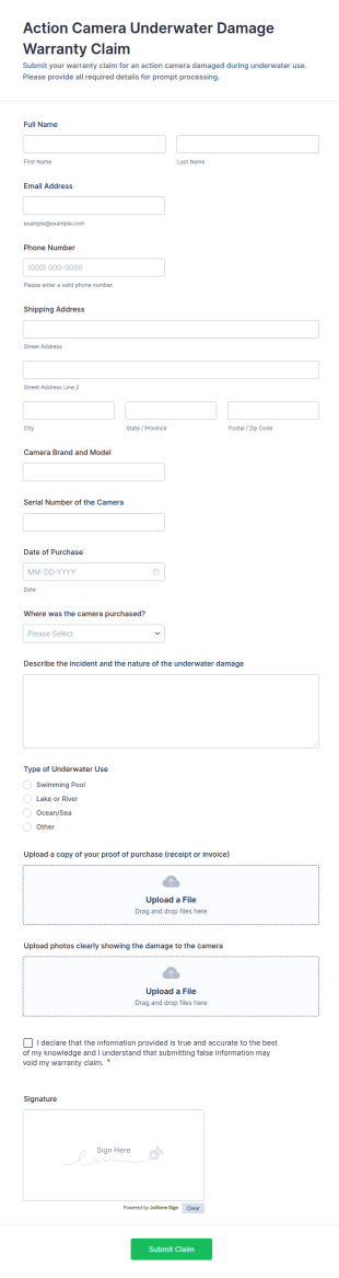 Action Camera Underwater Damage Warranty Claim Form Template