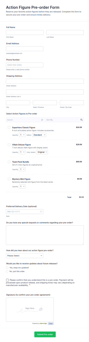 Action Figure Pre Order Form Template