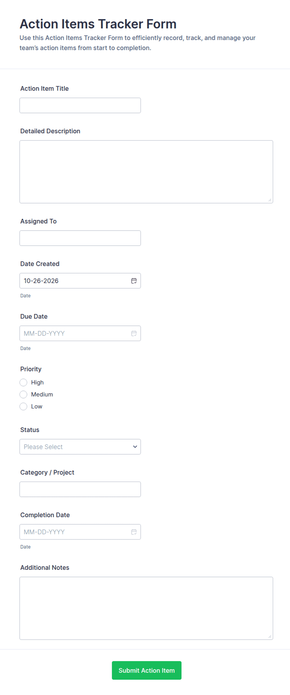 Action Items Tracker Form Template | Jotform