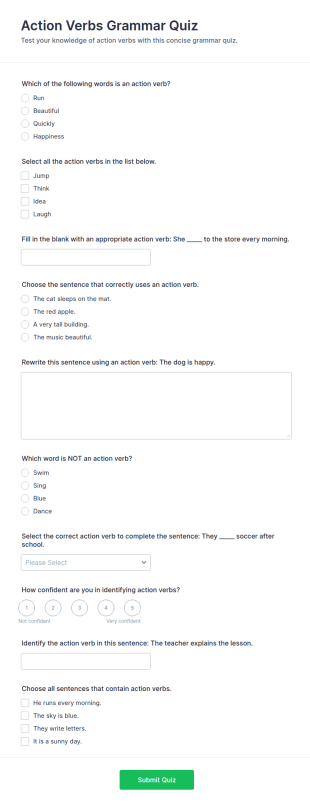 Action Verbs Grammar Quiz Form Template