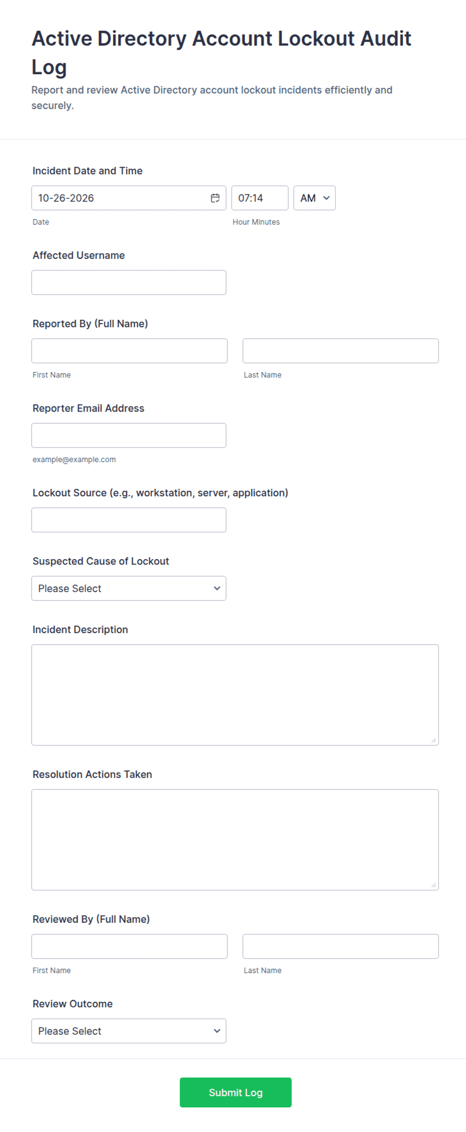 Active Directory Account Lockout Audit Log Form Template | Jotform
