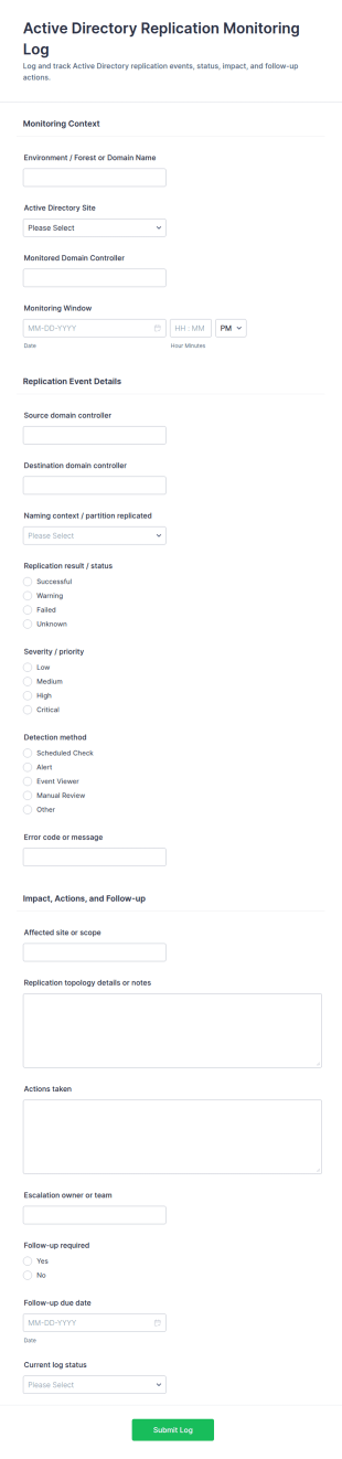 Active Directory Replication Monitoring Log Form Template