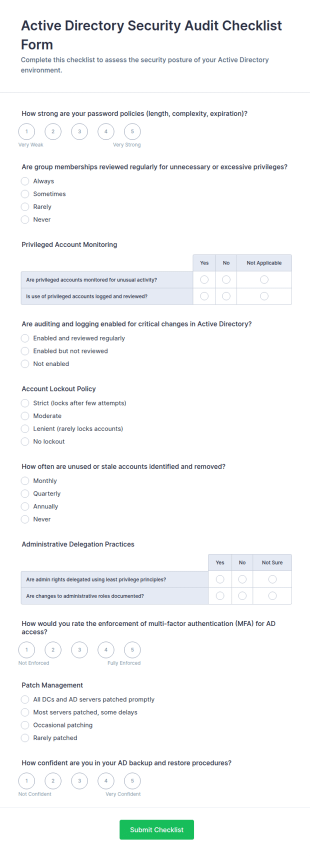 Active Directory Security Audit Checklist Form Template