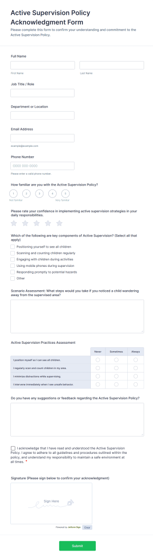 Active Supervision Policy Acknowledgment Form Template
