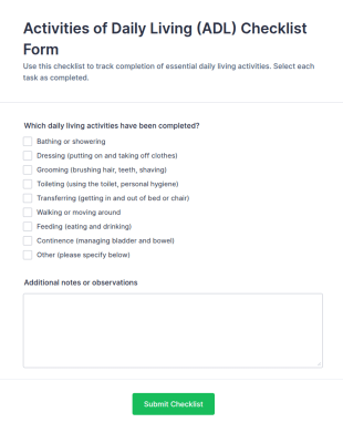 Activities Of Daily Living (ADL) Checklist Form Template