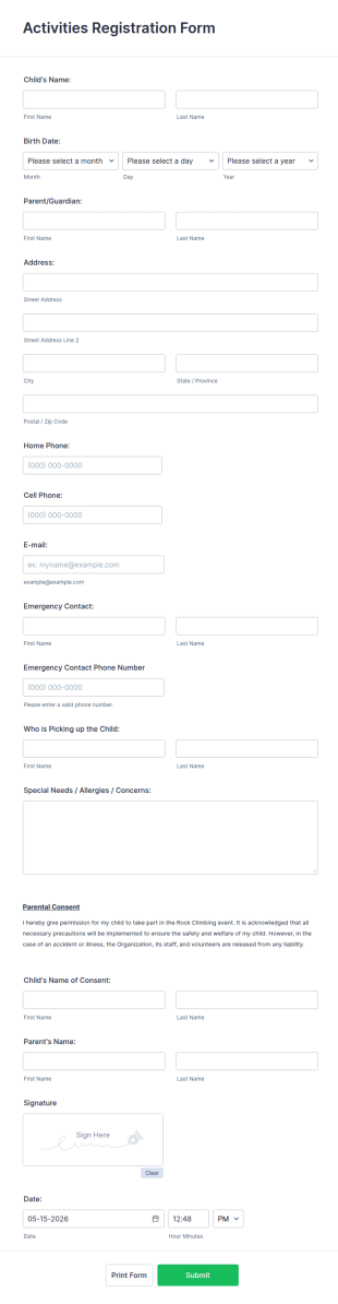 Activities Registration Form Template