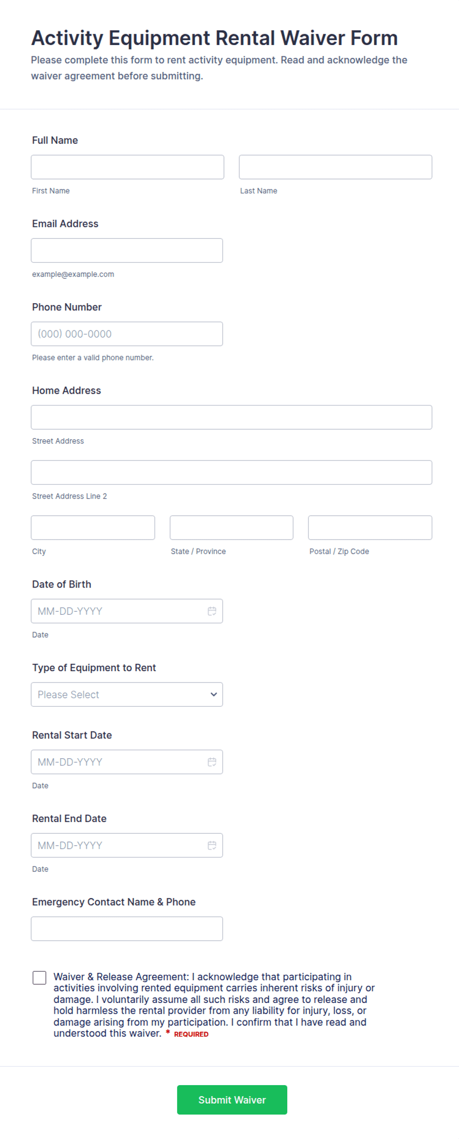 Activity Equipment Rental Waiver Form Template | Jotform