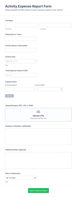 Activity Expense Report Form Template
